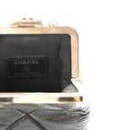 Shiny Aged Lambskin Quilted Kiss Lock Clutch With Chain Black