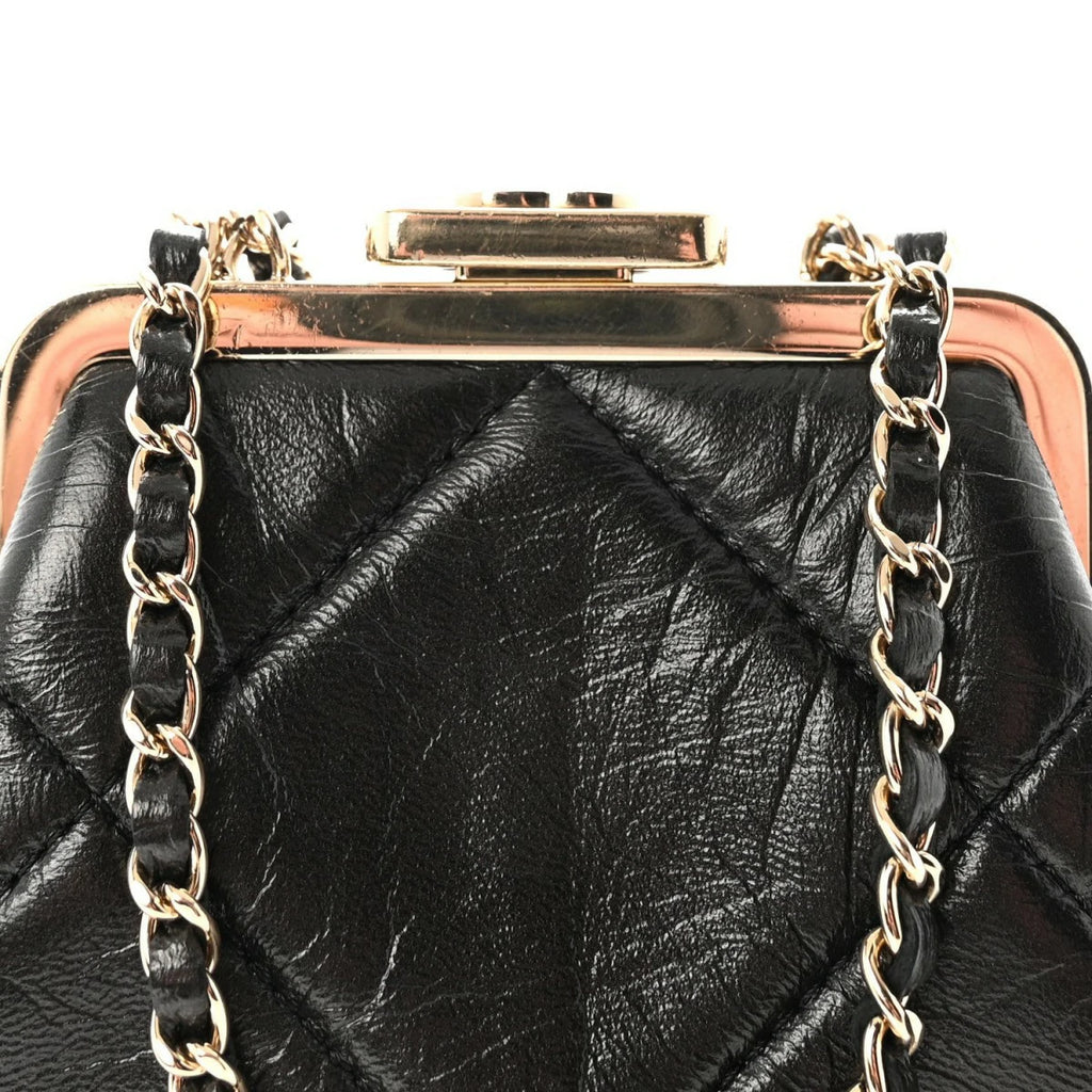 Shiny Aged Lambskin Quilted Kiss Lock Clutch With Chain Black