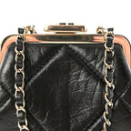 Shiny Aged Lambskin Quilted Kiss Lock Clutch With Chain Black