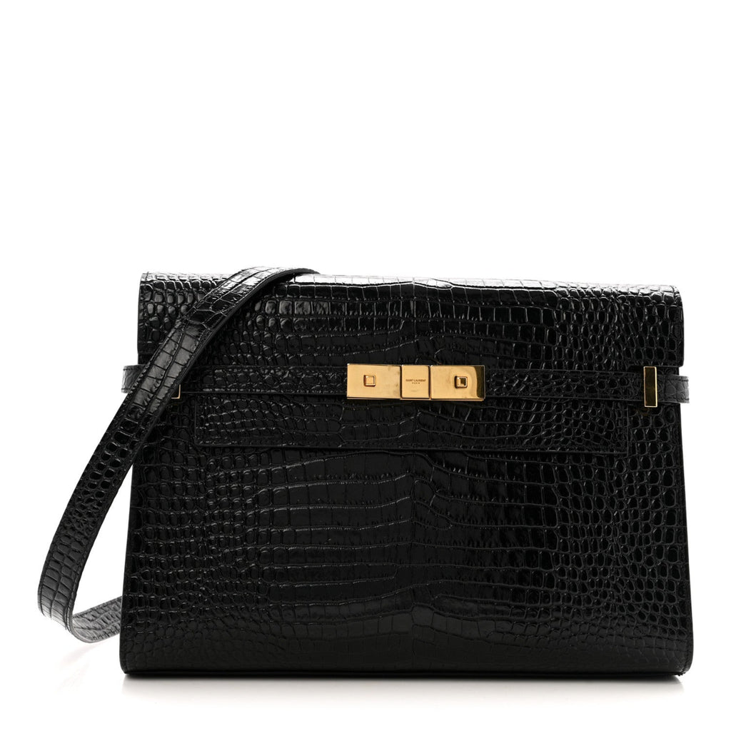 Shiny Calfskin Crocodile Embossed Manhattan Baguette Black