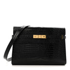 Shiny Calfskin Crocodile Embossed Manhattan Baguette Black
