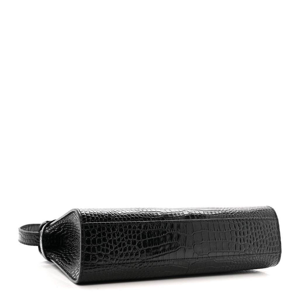 Shiny Calfskin Crocodile Embossed Manhattan Baguette Black
