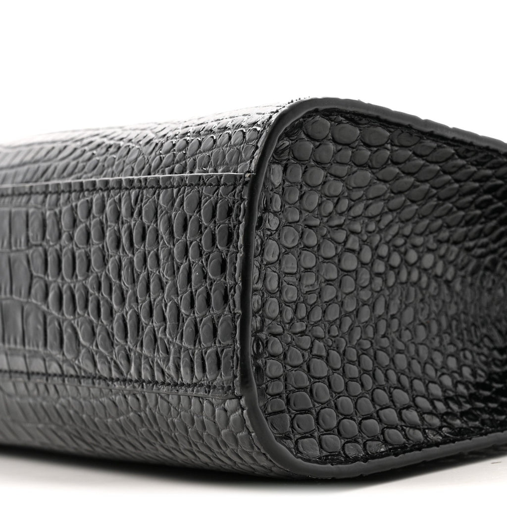 Shiny Calfskin Crocodile Embossed Manhattan Baguette Black
