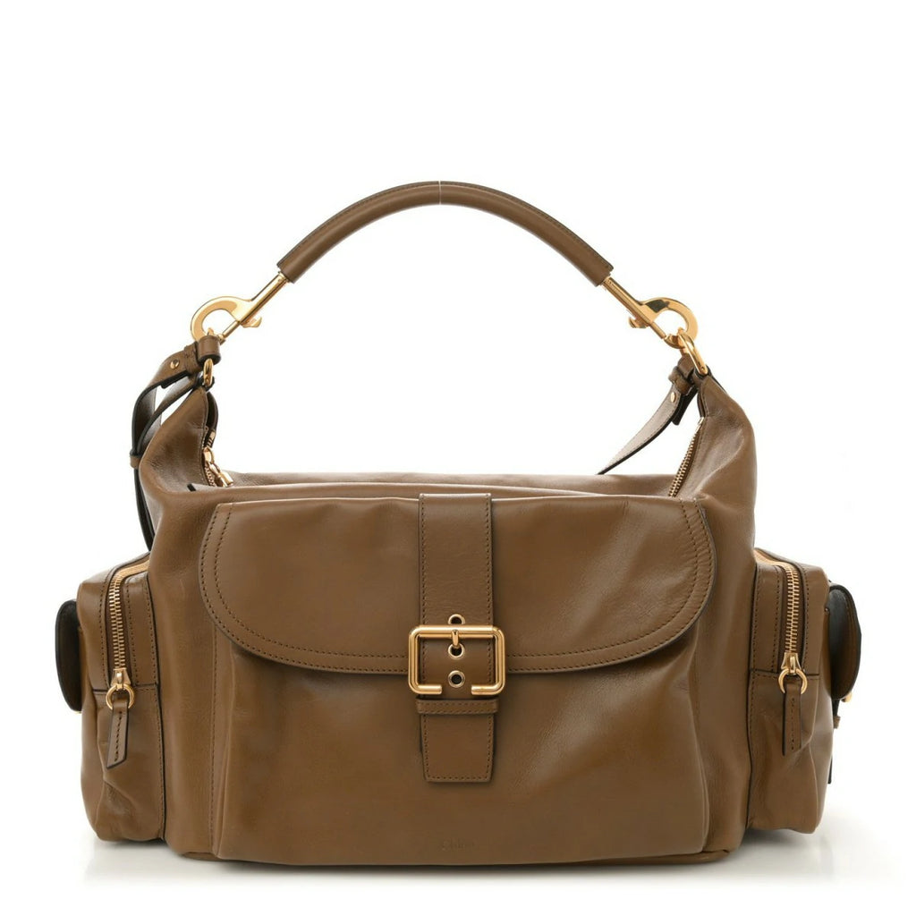 Shiny Calfskin Large Double Carry Camera Bag Dark Khaki
