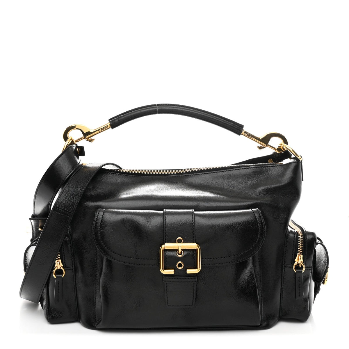 Shiny Calfskin Medium Double Carry Camera Bag Black