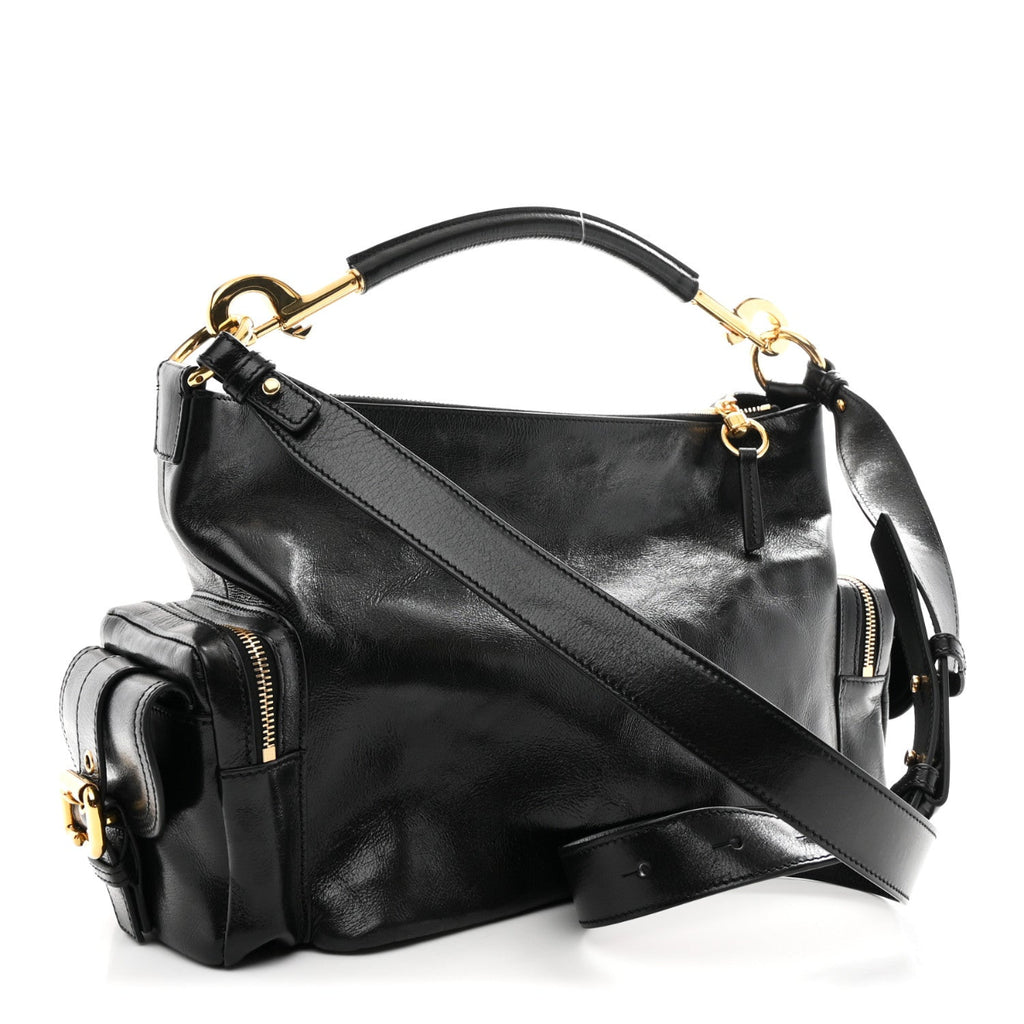 Shiny Calfskin Medium Double Carry Camera Bag Black