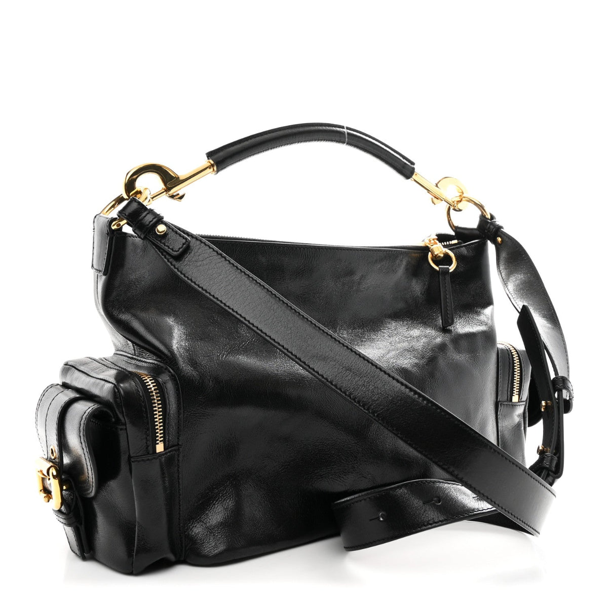 Shiny Calfskin Medium Double Carry Camera Bag Black