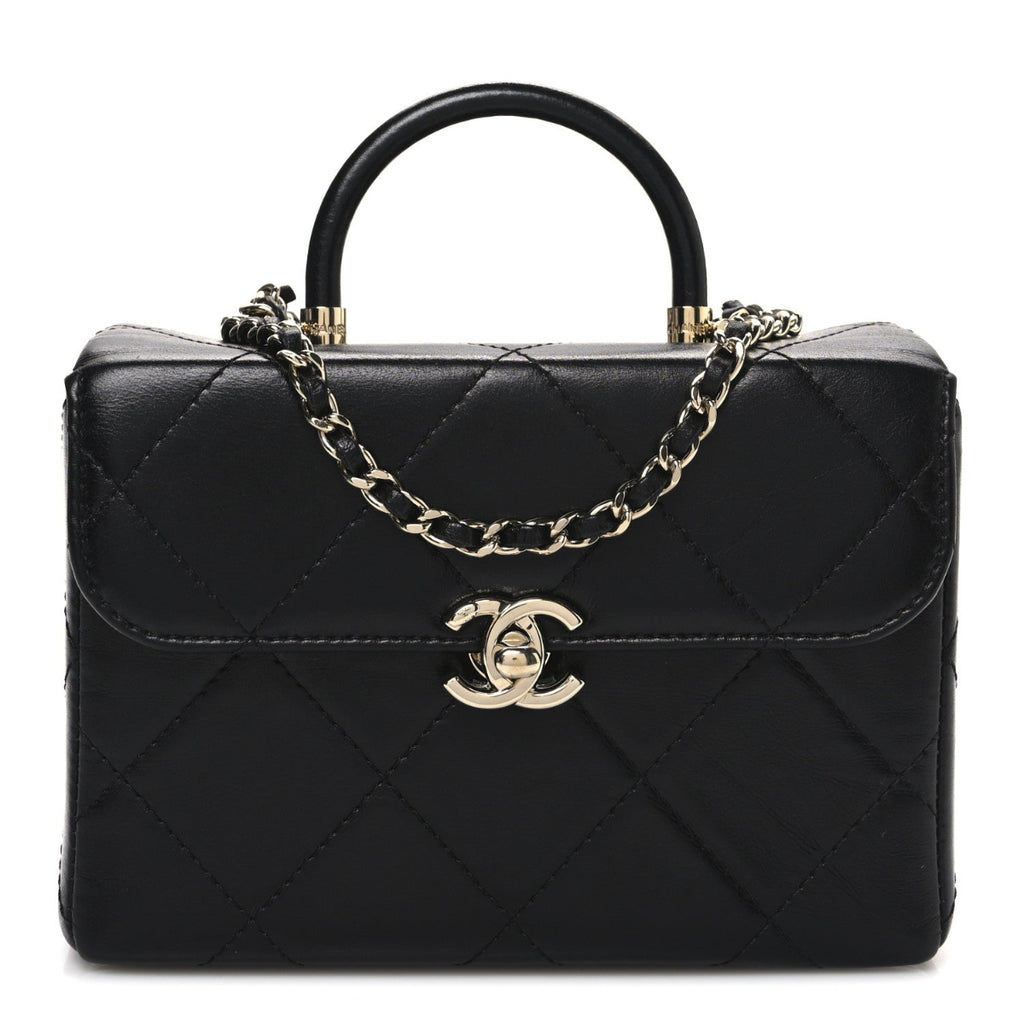 Shiny Calfskin Quilted CC Handle Vanity Flap Bag Black