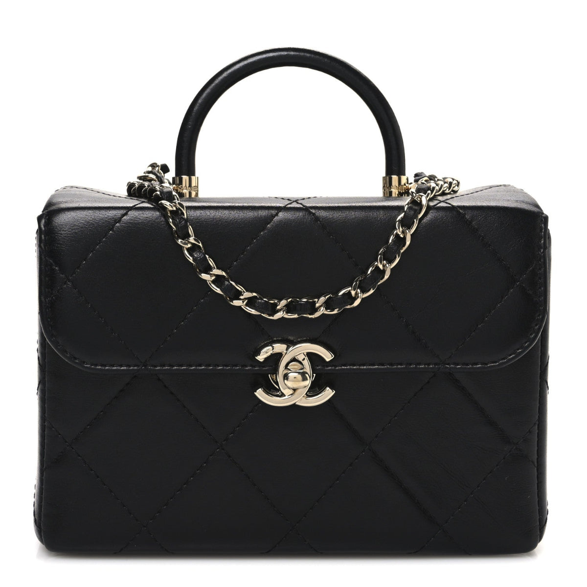 Shiny Calfskin Quilted CC Handle Vanity Flap Bag Black