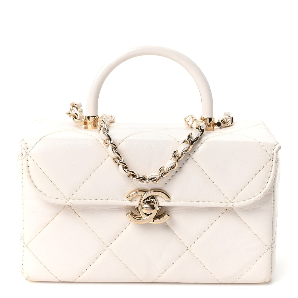 Shiny Calfskin Quilted CC Handle Vanity Flap Bag White