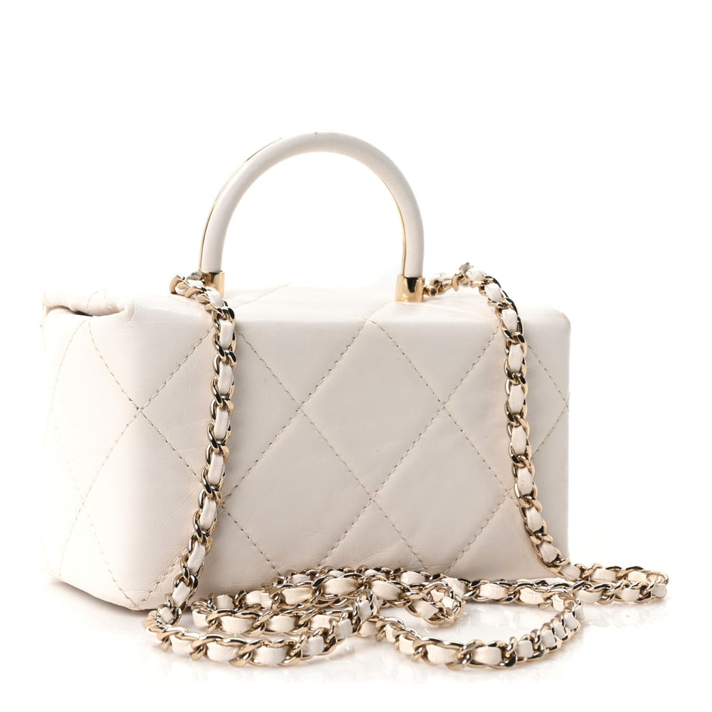 Shiny Calfskin Quilted CC Handle Vanity Flap Bag White