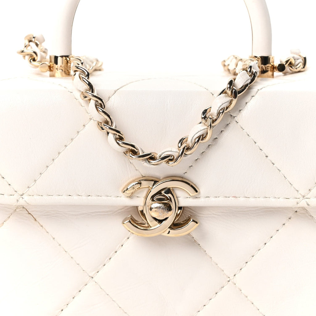 Shiny Calfskin Quilted CC Handle Vanity Flap Bag White
