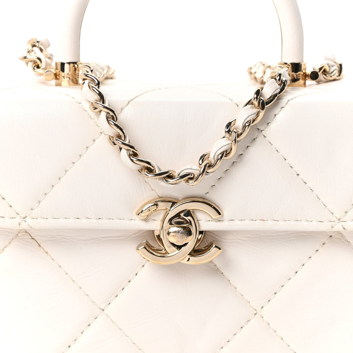 Shiny Calfskin Quilted CC Handle Vanity Flap Bag White