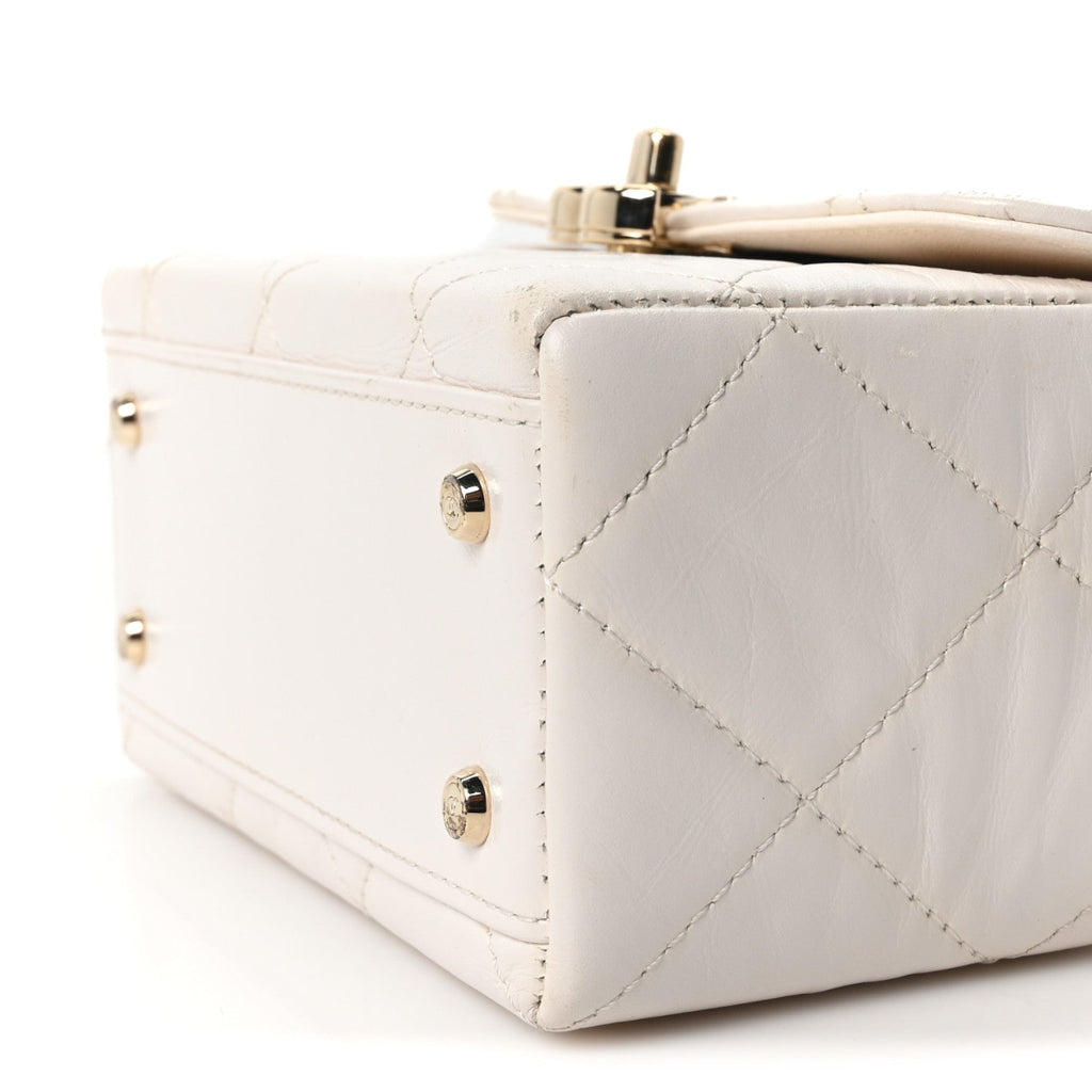 Shiny Calfskin Quilted CC Handle Vanity Flap Bag White