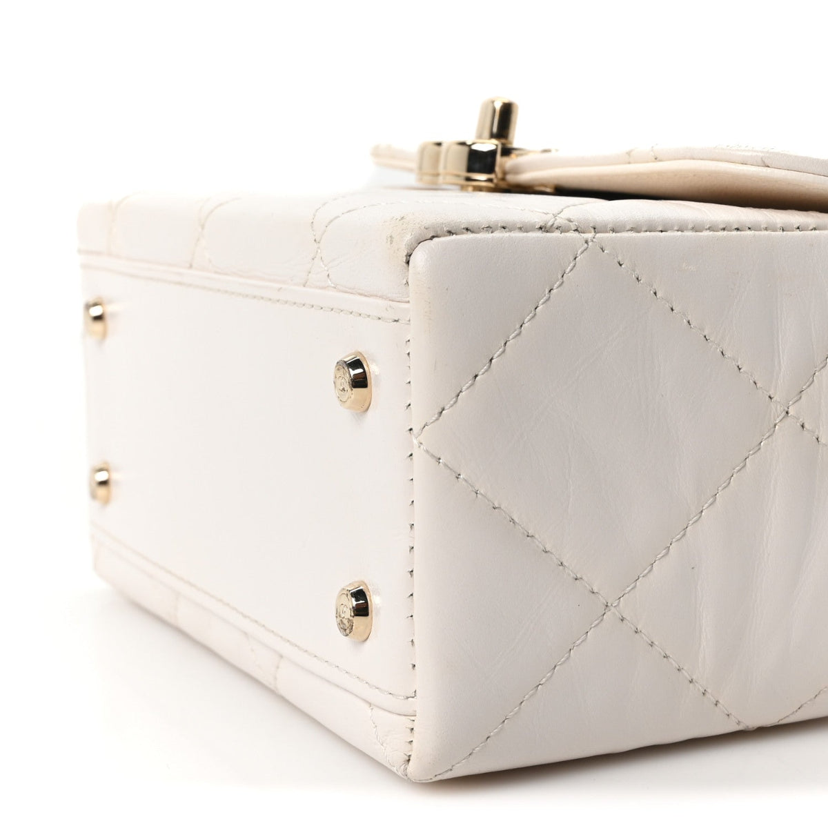 Shiny Calfskin Quilted CC Handle Vanity Flap Bag White