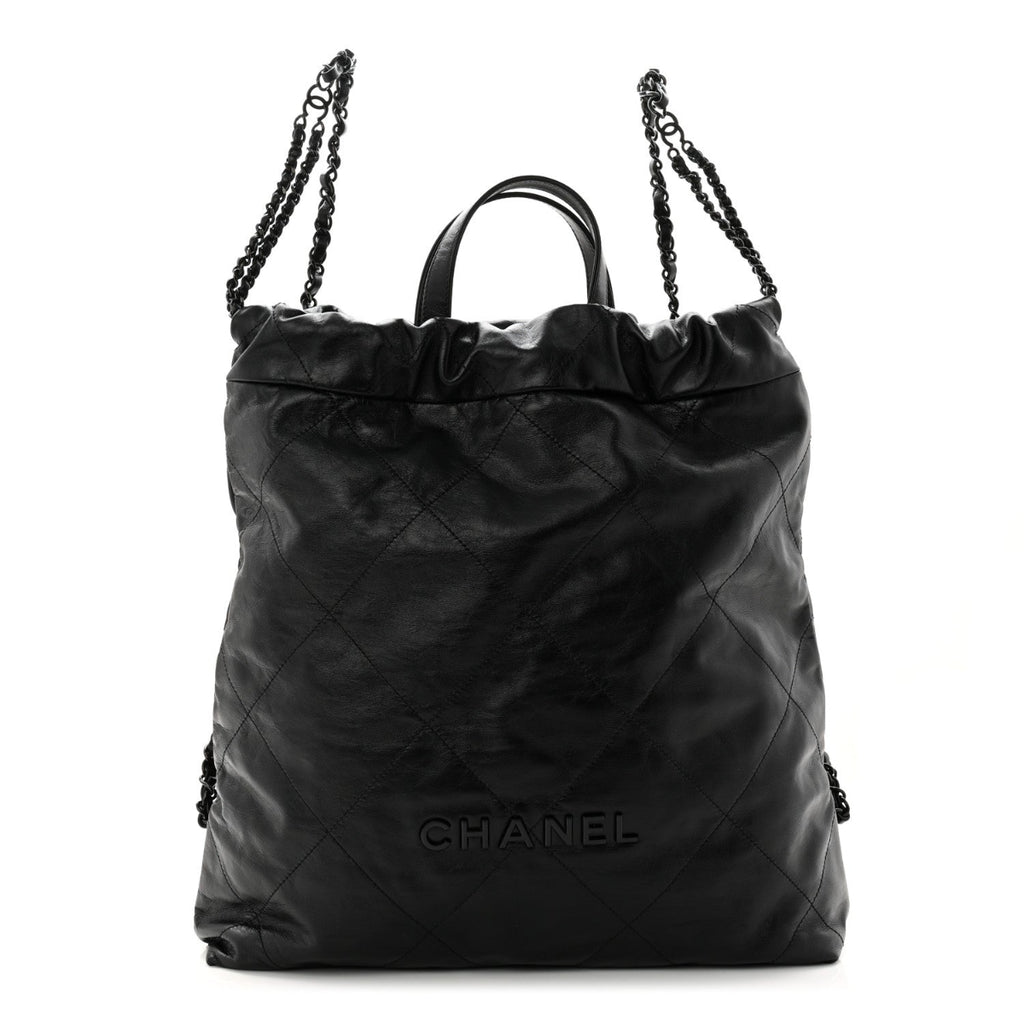 Shiny Calfskin Quilted Chanel 22 Backpack So Black