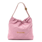 Shiny Calfskin Quilted Chanel 22 Drawstring Bag Pink