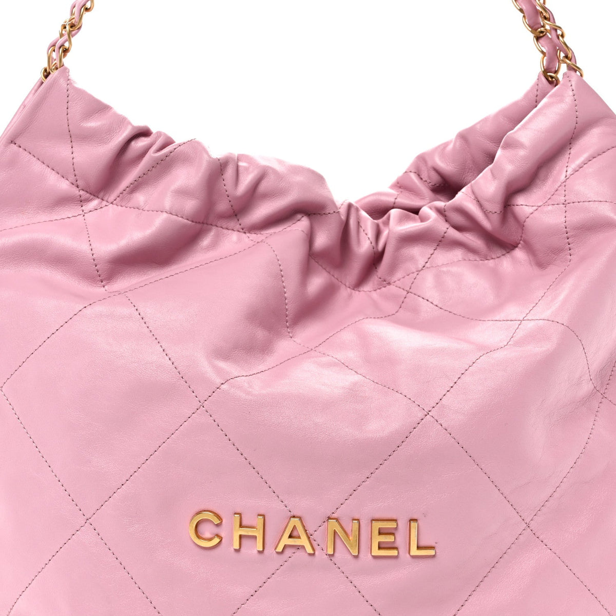 Shiny Calfskin Quilted Chanel 22 Drawstring Bag Pink