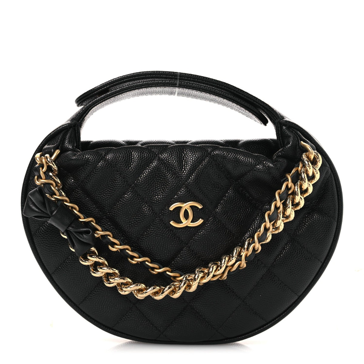 Shiny Caviar Quilted Bow Pouch Hobo Black
