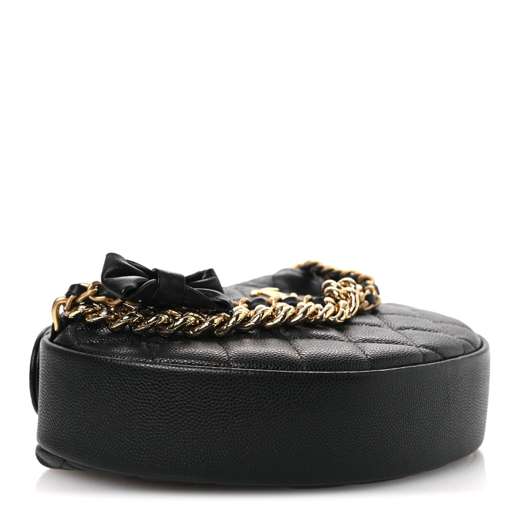 Shiny Caviar Quilted Bow Pouch Hobo Black
