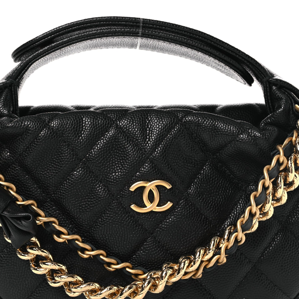 Shiny Caviar Quilted Bow Pouch Hobo Black