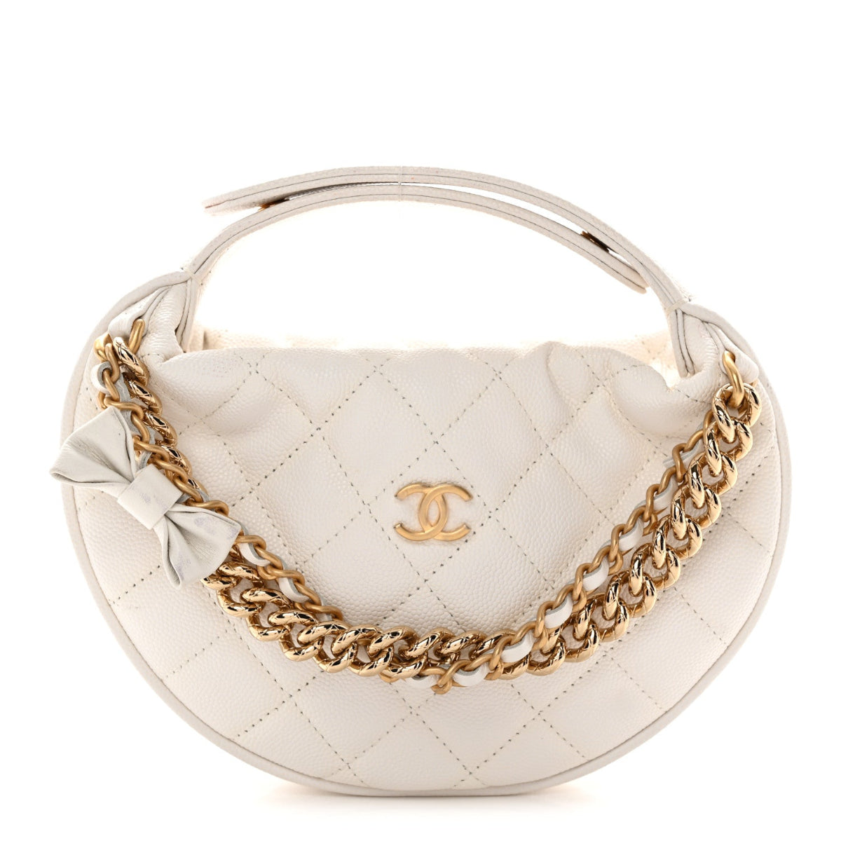 Shiny Caviar Quilted Bow Pouch Hobo White