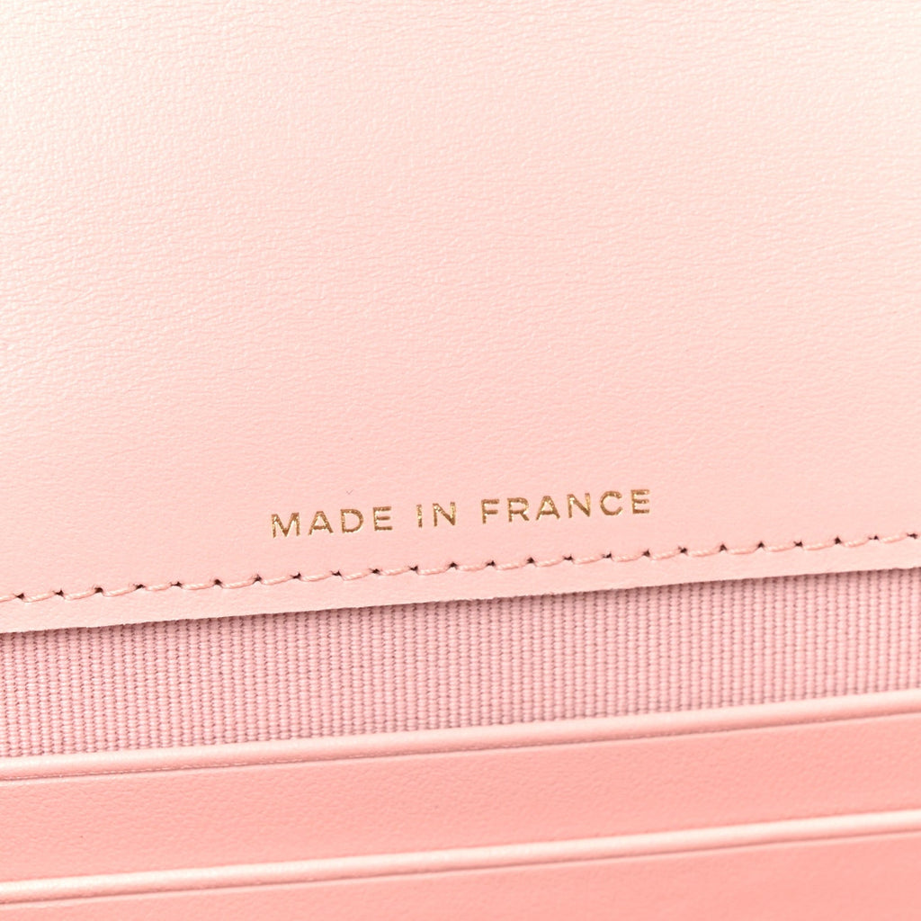Shiny Caviar Quilted Flap Charm Wallet On Chain WOC Light Pink