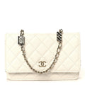 Shiny Caviar Quilted Flap Charm Wallet On Chain WOC White
