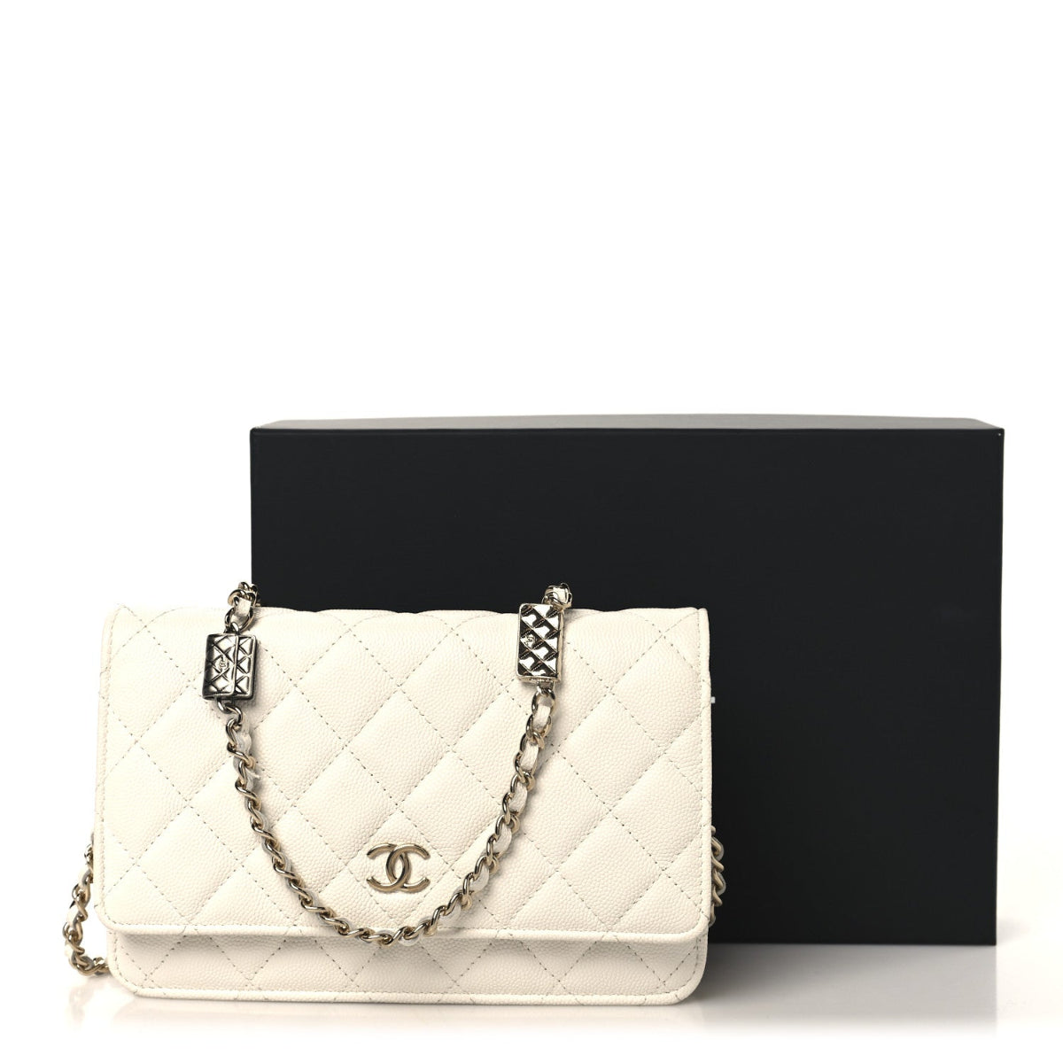 Shiny Caviar Quilted Flap Charm Wallet On Chain WOC White