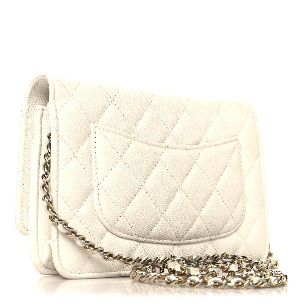 Shiny Caviar Quilted Flap Charm Wallet On Chain WOC White
