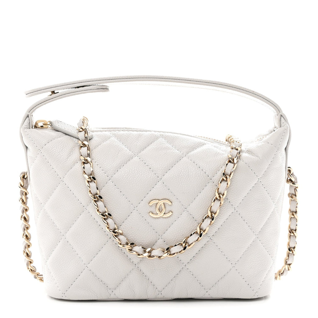 Shiny Caviar Quilted Hobo Clutch With Chain Light Grey