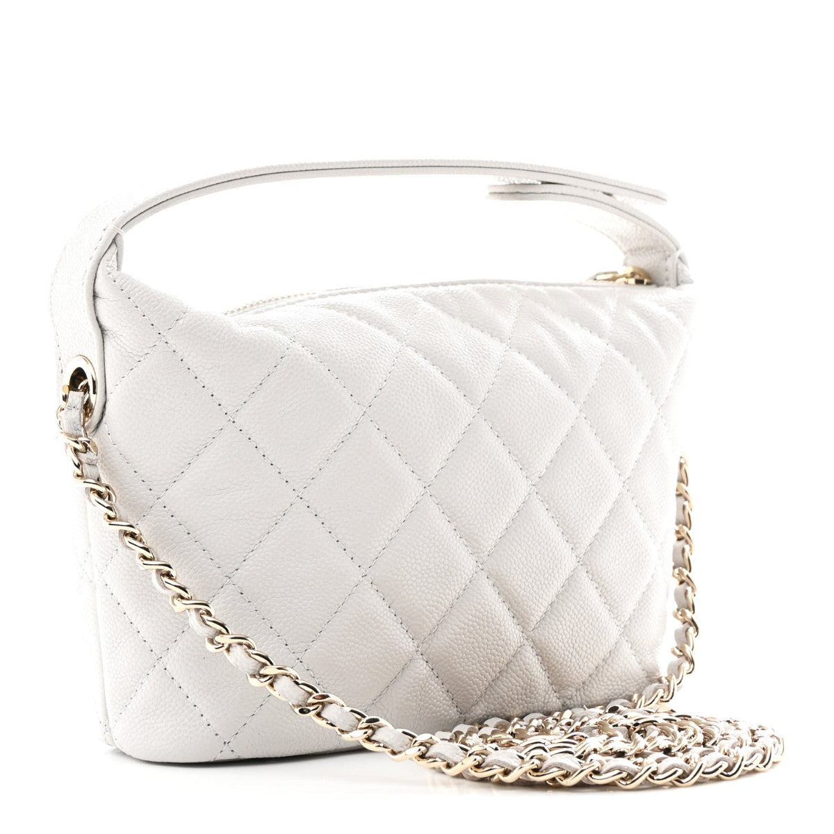 Shiny Caviar Quilted Hobo Clutch With Chain Light Grey