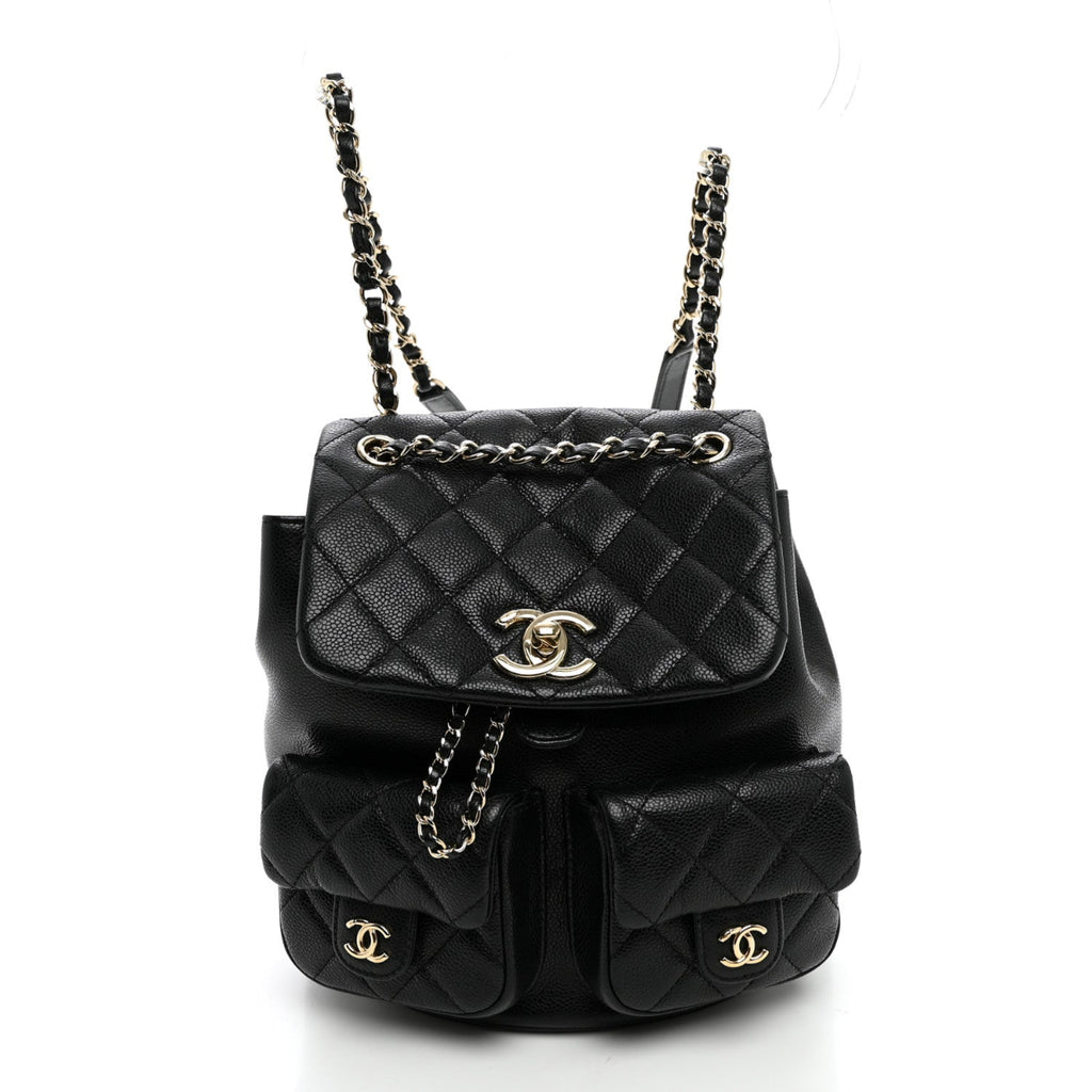 Shiny Caviar Quilted Small Duma Pockets Drawstring Backpack Black