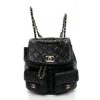 Shiny Caviar Quilted Small Duma Pockets Drawstring Backpack Black
