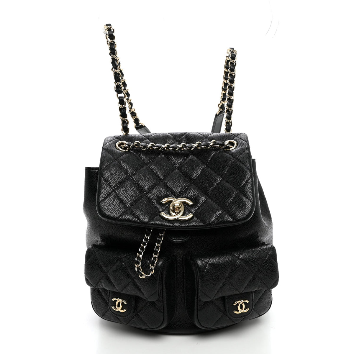 Shiny Caviar Quilted Small Duma Pockets Drawstring Backpack Black