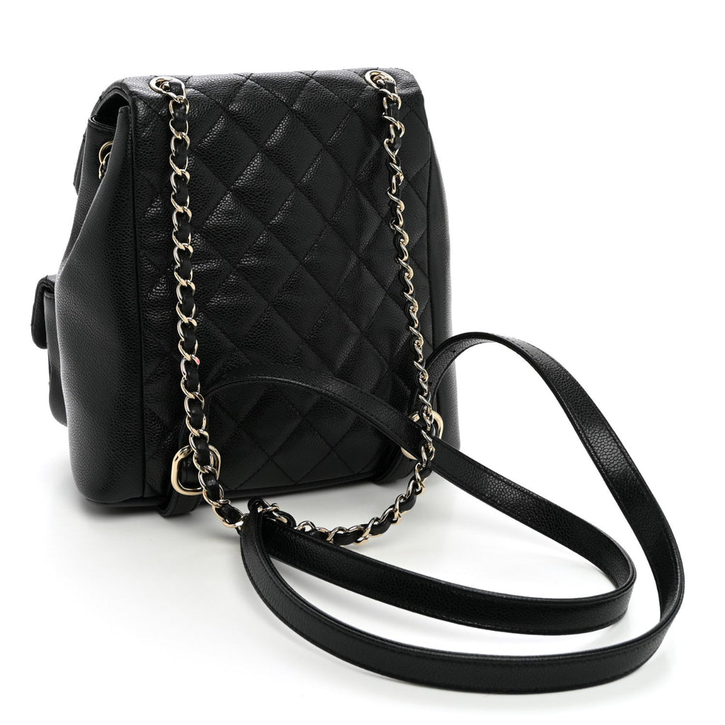 Shiny Caviar Quilted Small Duma Pockets Drawstring Backpack Black