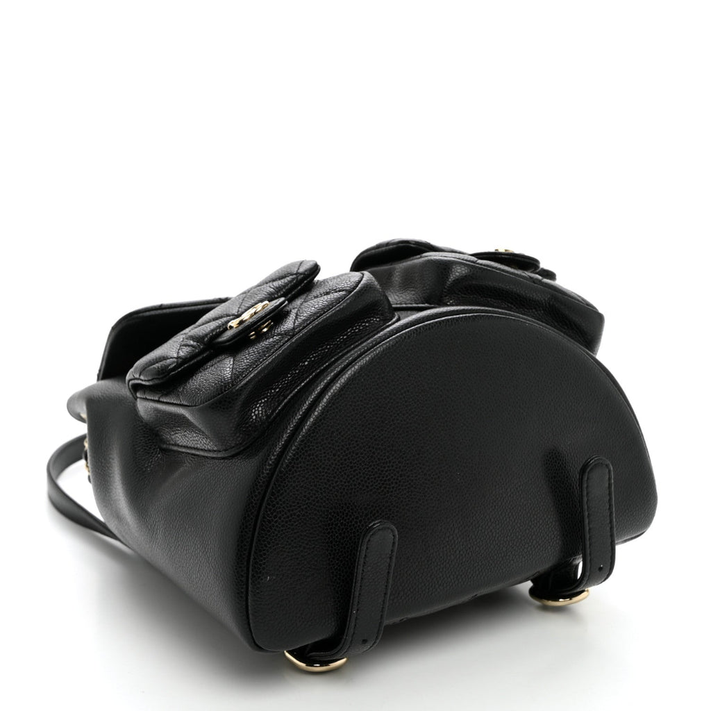 Shiny Caviar Quilted Small Duma Pockets Drawstring Backpack Black