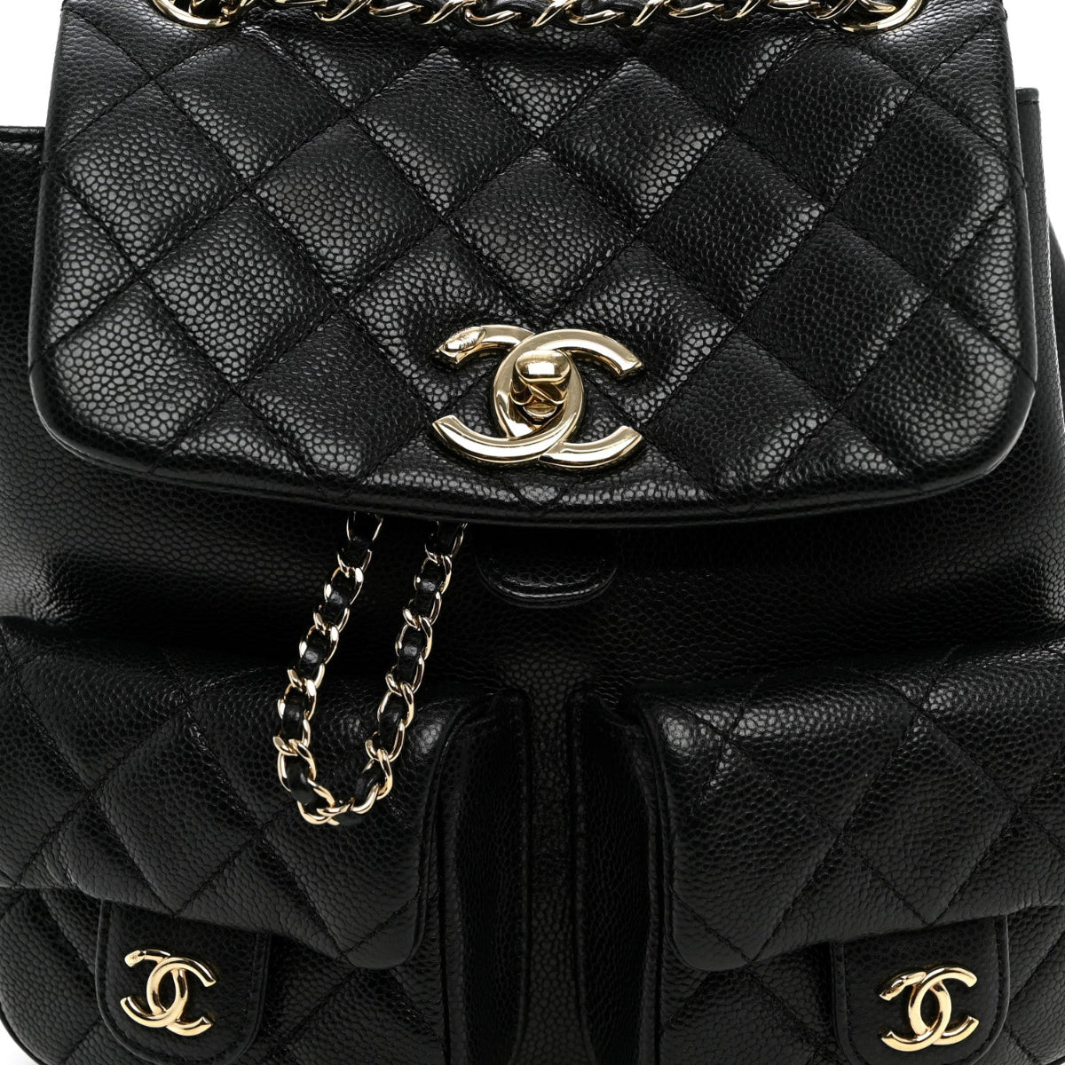 Shiny Caviar Quilted Small Duma Pockets Drawstring Backpack Black