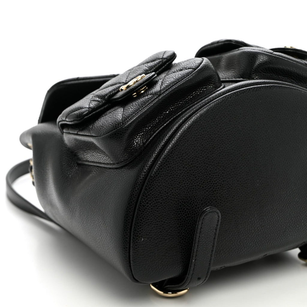 Shiny Caviar Quilted Small Duma Pockets Drawstring Backpack Black
