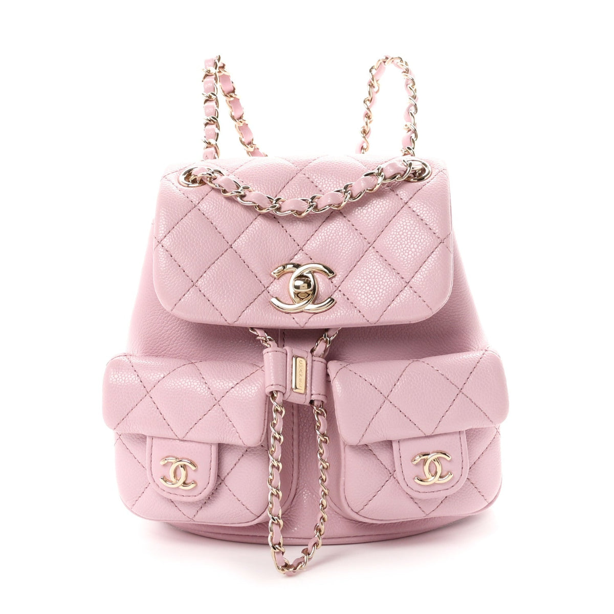 Shiny Caviar Quilted Small Duma Pockets Drawstring Backpack Pink