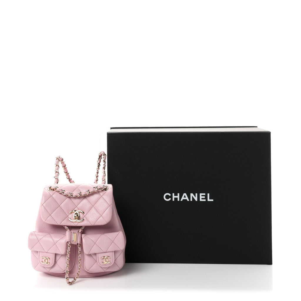 Shiny Caviar Quilted Small Duma Pockets Drawstring Backpack Pink