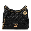 Shiny Crumpled Calfskin Quilted Wavy CC Hobo Black