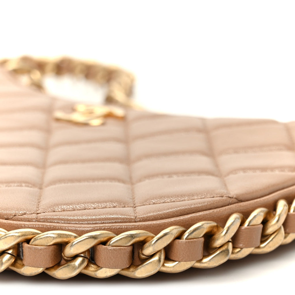 Shiny Crumpled Lambskin Quilted Trendy Chain Around Hobo Dark Beige