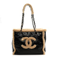 Shiny Crumpled Sheepskin Shearling CC Mania Tote Bag Black Beige