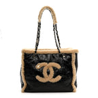 Shiny Crumpled Sheepskin Shearling CC Mania Tote Bag Black Beige