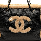 Shiny Crumpled Sheepskin Shearling CC Mania Tote Bag Black Beige
