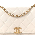 Shiny Lambskin Flap Clutch With Chain White