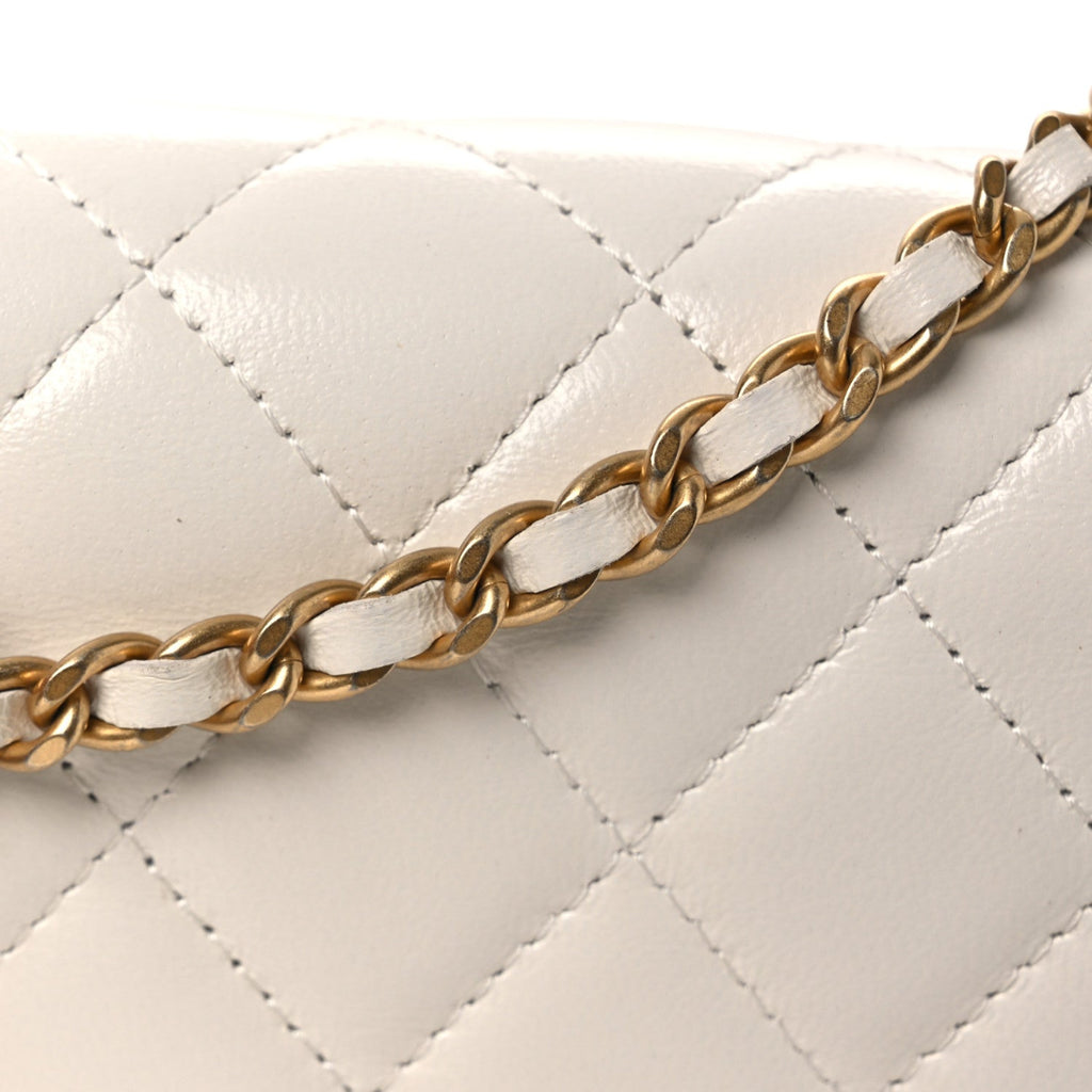 Shiny Lambskin Flap Clutch With Chain White