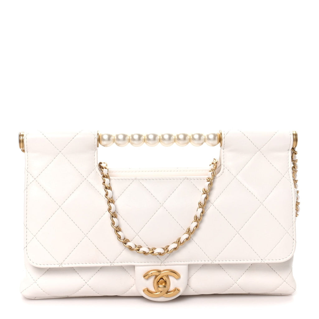 Shiny Lambskin Pearl Top Handle Flap Shopping Bag White