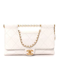 Shiny Lambskin Pearl Top Handle Flap Shopping Bag White